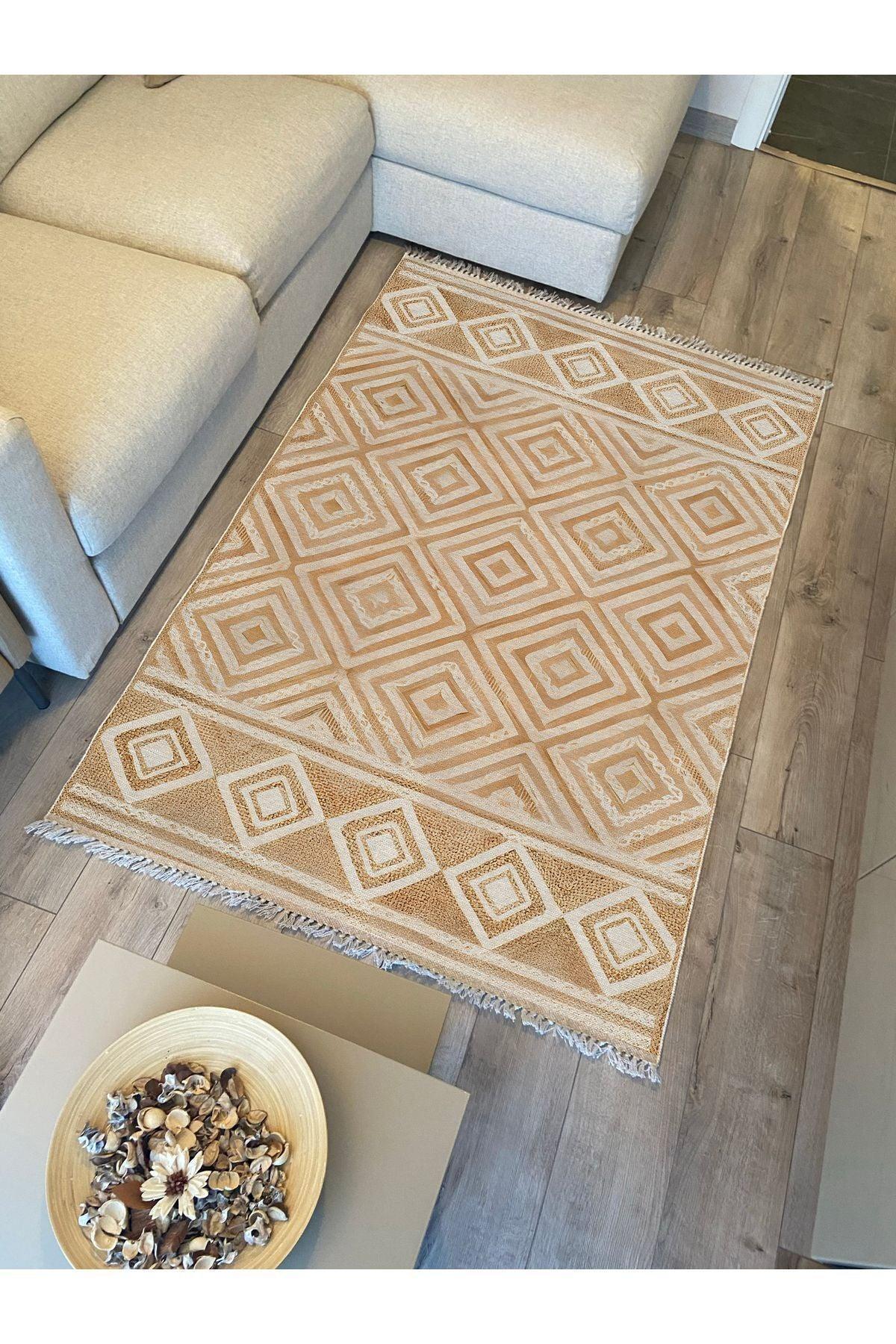 Cotton Kilim 10 Iskandinav Krem Tonunda Dekoratif Yıkanabilen Dokuma Taban Kilim - HALI VAGONU