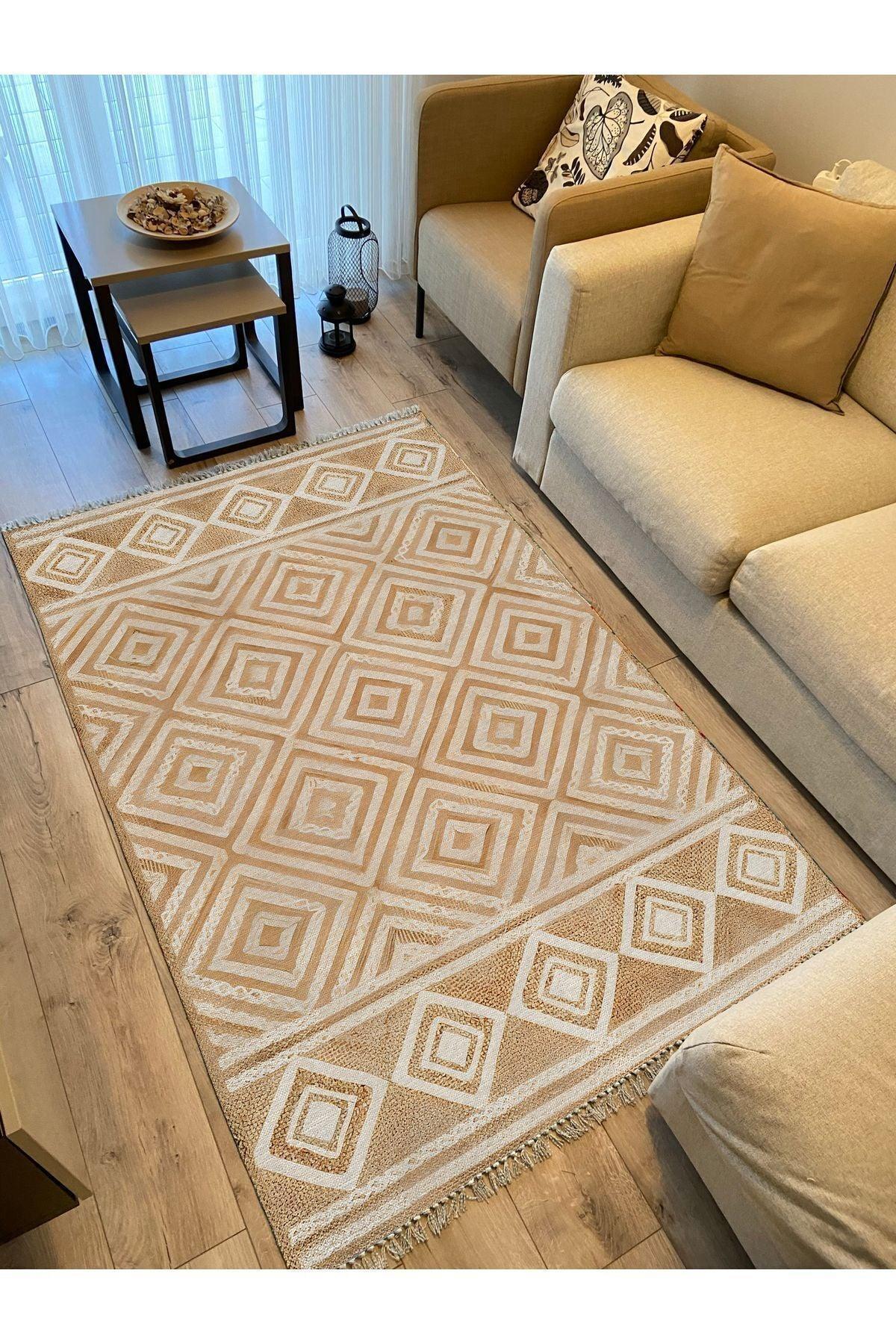 Cotton Kilim 10 Iskandinav Krem Tonunda Dekoratif Yıkanabilen Dokuma Taban Kilim - HALI VAGONU