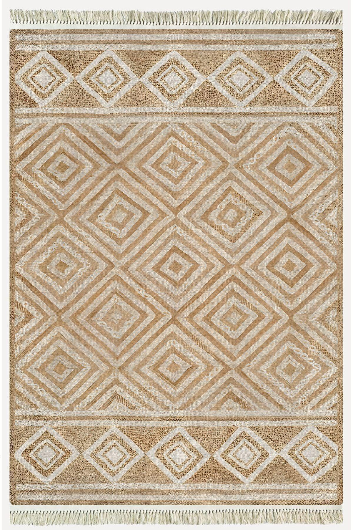 Cotton Kilim 10 Iskandinav Krem Tonunda Dekoratif Yıkanabilen Dokuma Taban Kilim - HALI VAGONU