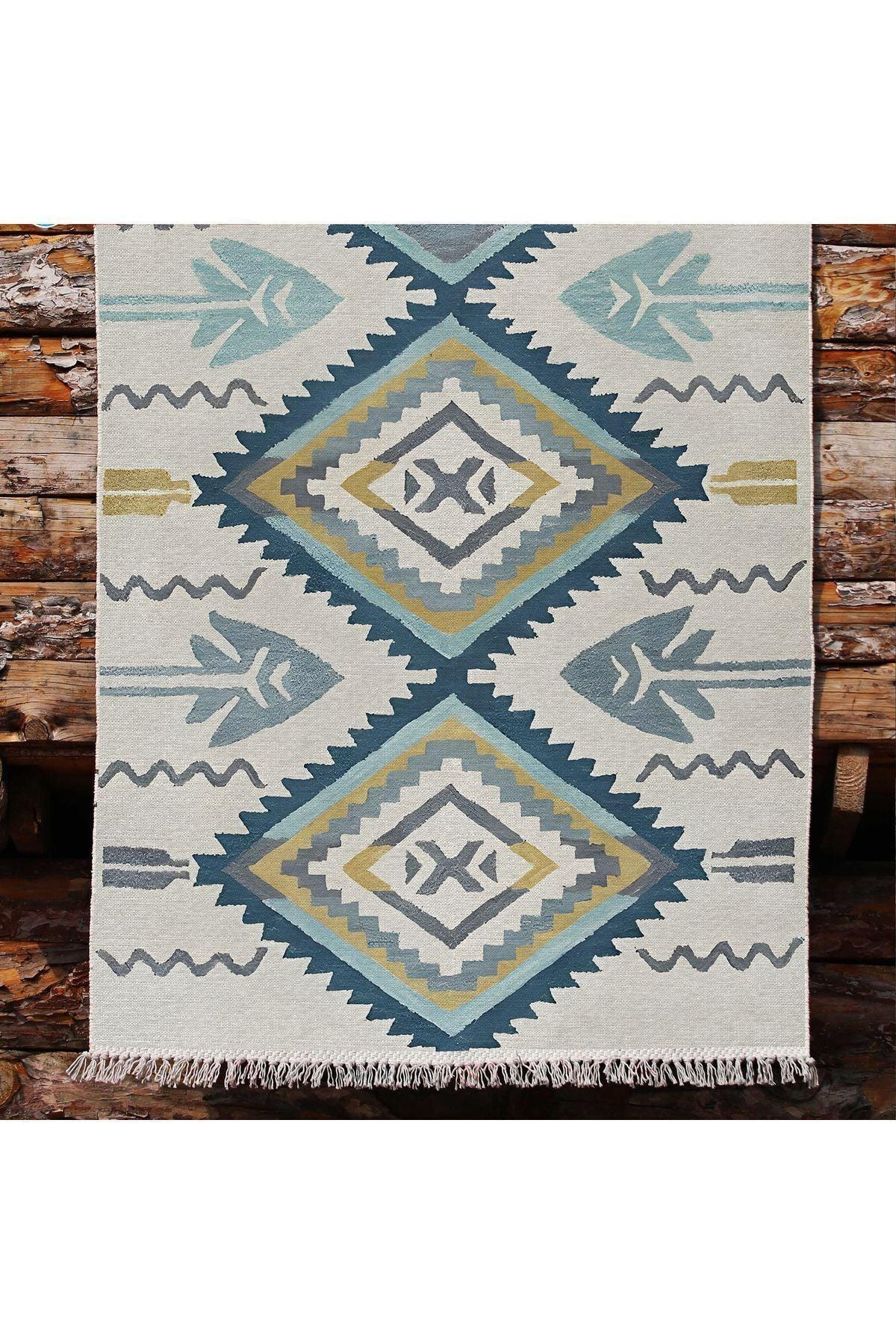 Cotton Kilim 12 Krem Zeminli Çizgili Desenli Dekoratif Yıkanabilen Dokuma Taban Kilim - HALI VAGONU