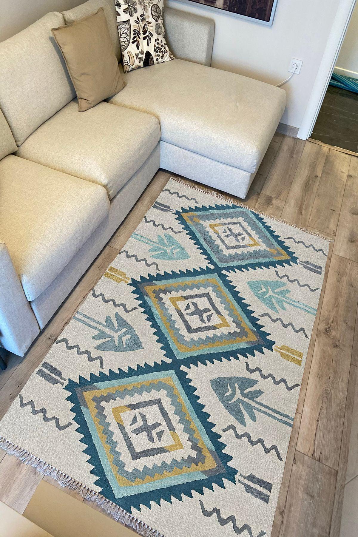 Cotton Kilim 12 Krem Zeminli Çizgili Desenli Dekoratif Yıkanabilen Dokuma Taban Kilim - HALI VAGONU
