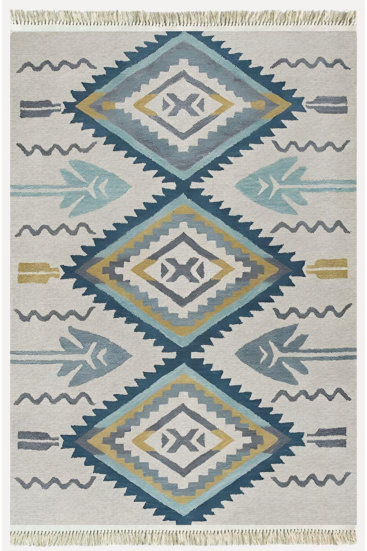 Cotton Kilim 12 Krem Zeminli Çizgili Desenli Dekoratif Yıkanabilen Dokuma Taban Kilim - HALI VAGONU
