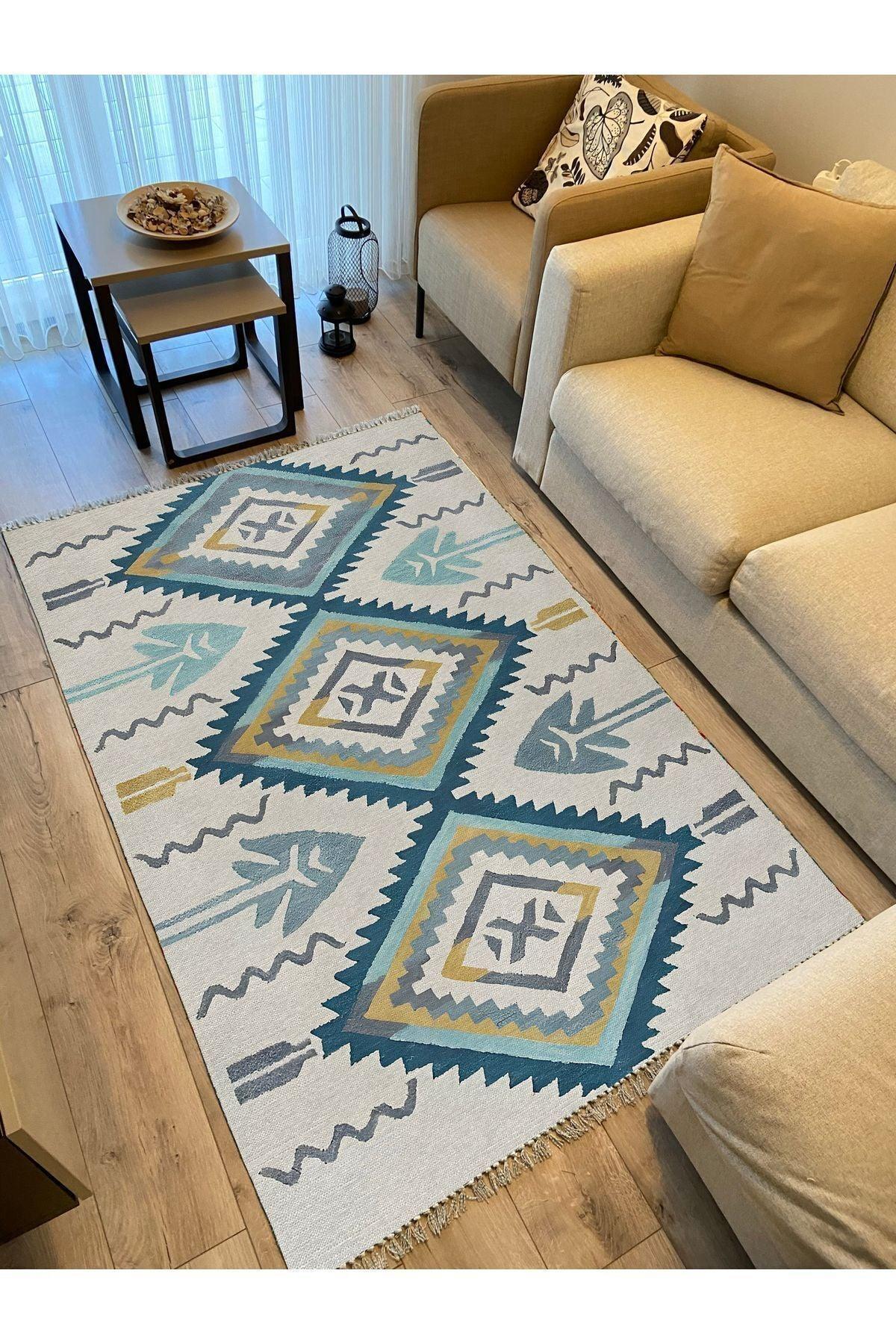 Cotton Kilim 12 Krem Zeminli Çizgili Desenli Dekoratif Yıkanabilen Dokuma Taban Kilim - HALI VAGONU