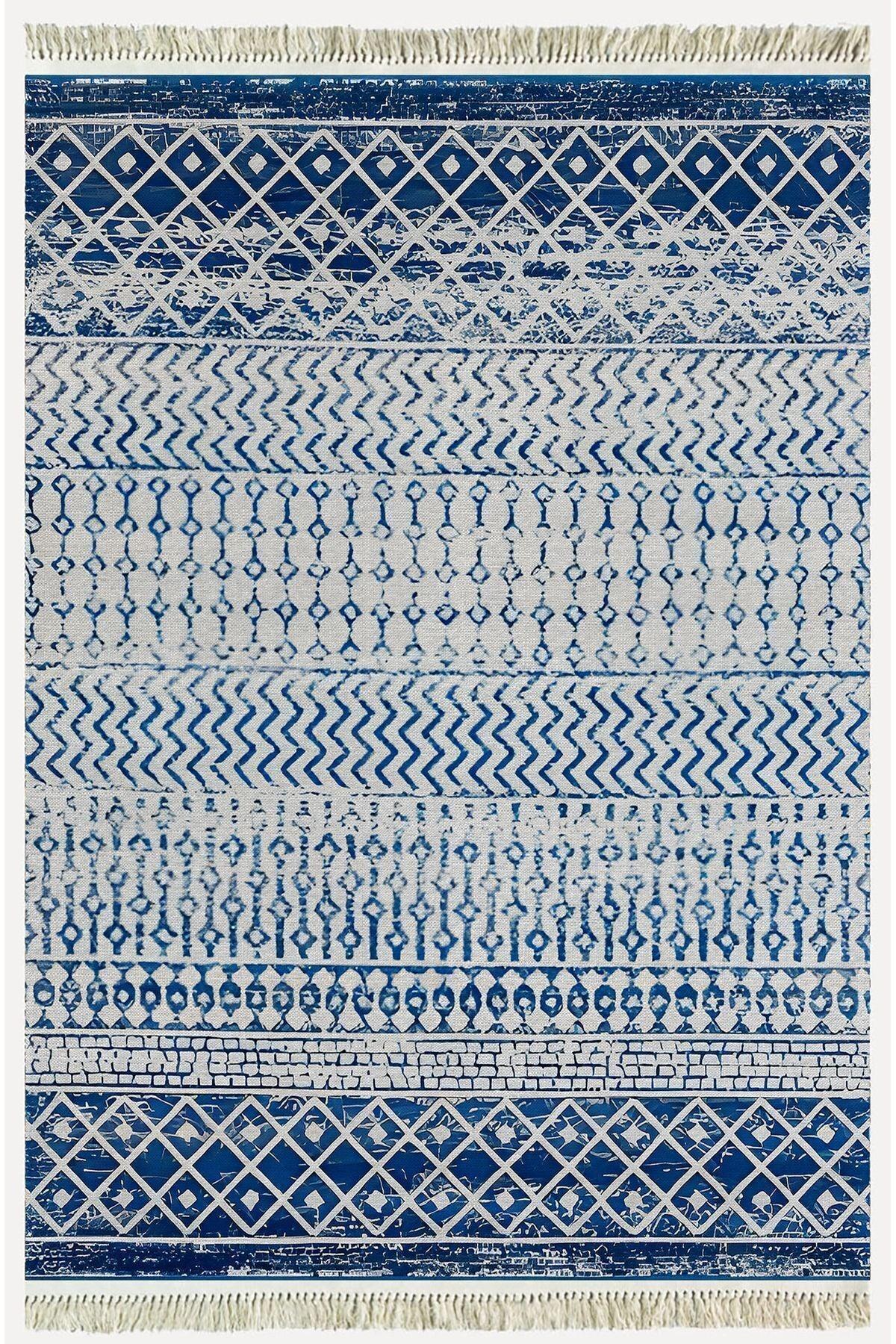 Cotton Kilim 13 Mavi Zeminli Çizgili Desenli Dekoratif Yıkanabilen Dokuma Taban Kilim - HALI VAGONU