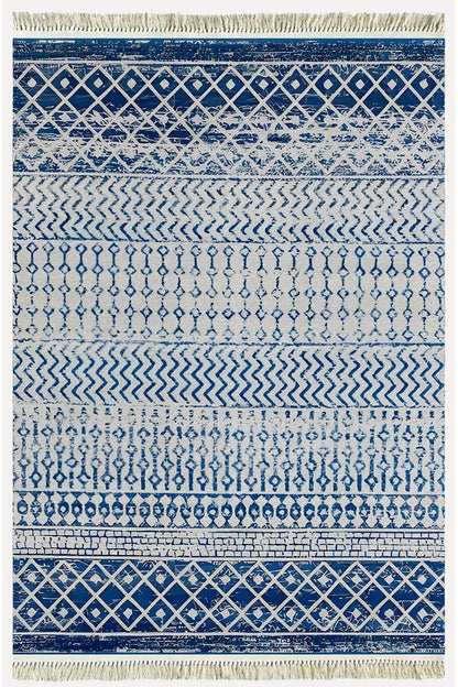 Cotton Kilim 13 Mavi Zeminli Çizgili Desenli Dekoratif Yıkanabilen Dokuma Taban Kilim - HALI VAGONU