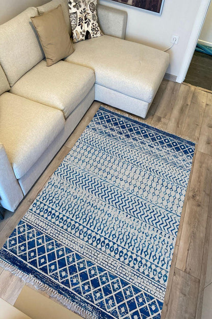 Cotton Kilim 13 Mavi Zeminli Çizgili Desenli Dekoratif Yıkanabilen Dokuma Taban Kilim - HALI VAGONU