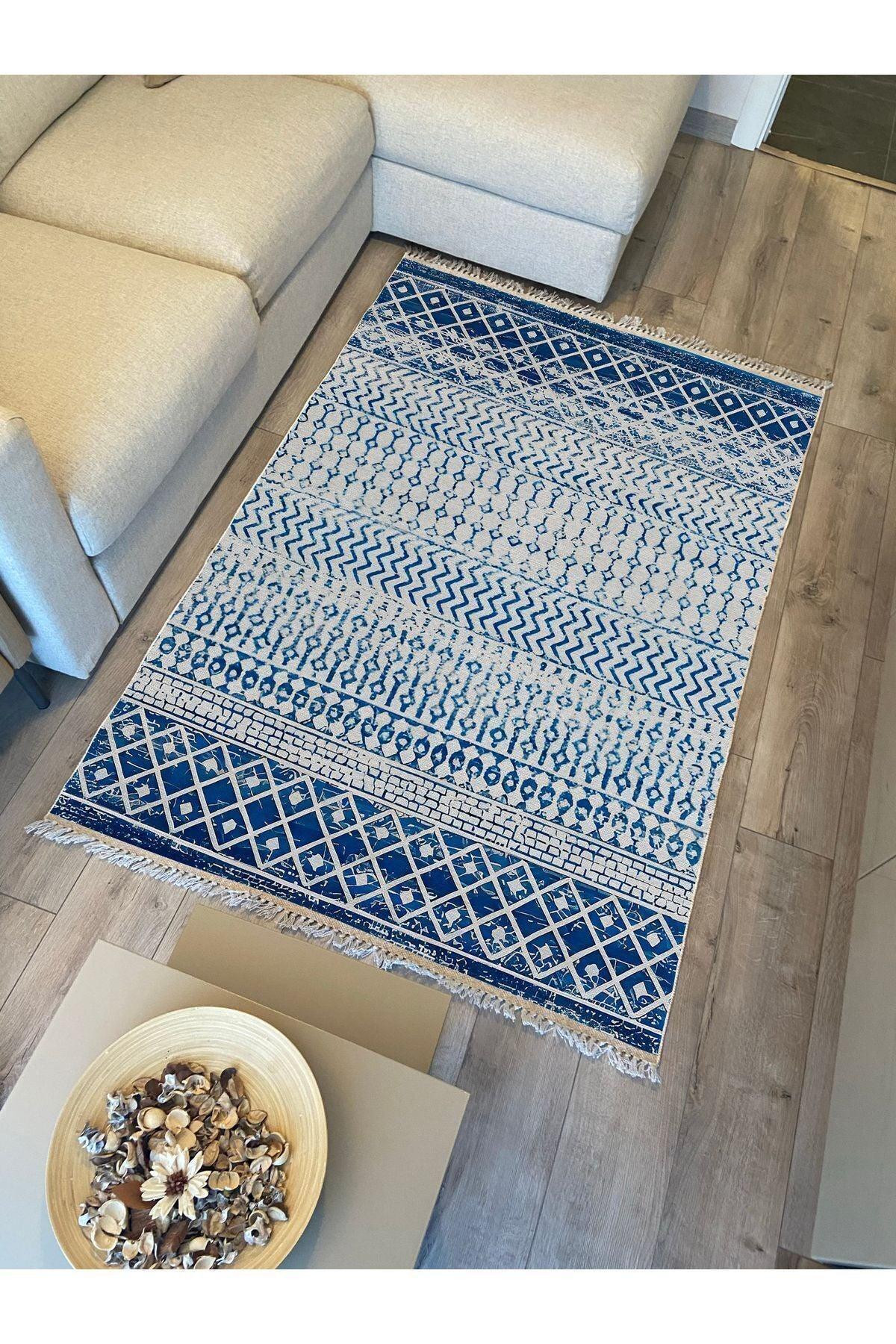 Cotton Kilim 13 Mavi Zeminli Çizgili Desenli Dekoratif Yıkanabilen Dokuma Taban Kilim - HALI VAGONU