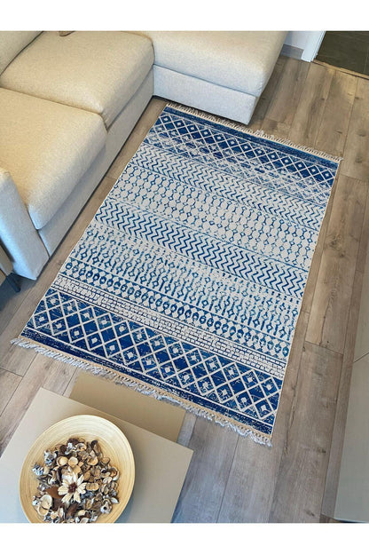 Cotton Kilim 13 Mavi Zeminli Çizgili Desenli Dekoratif Yıkanabilen Dokuma Taban Kilim - HALI VAGONU