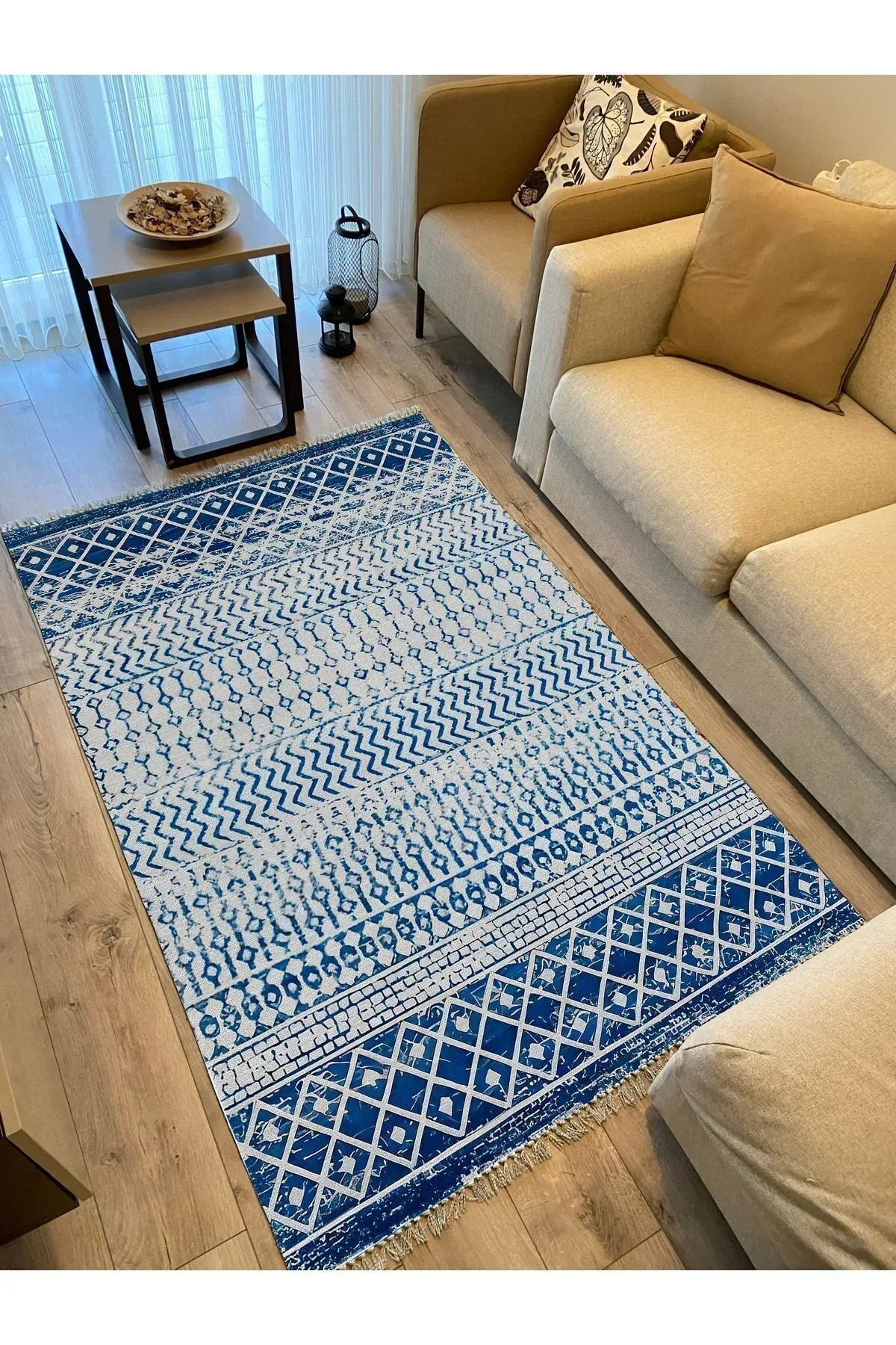 Cotton Kilim 13 Mavi Zeminli Çizgili Desenli Dekoratif Yıkanabilen Dokuma Taban Kilim - HALI VAGONU
