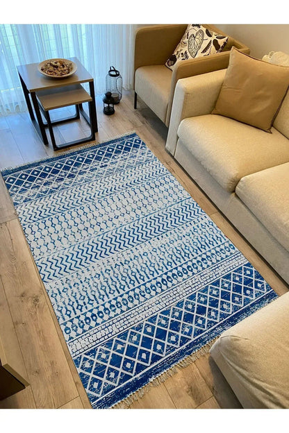 Cotton Kilim 13 Mavi Zeminli Çizgili Desenli Dekoratif Yıkanabilen Dokuma Taban Kilim - HALI VAGONU