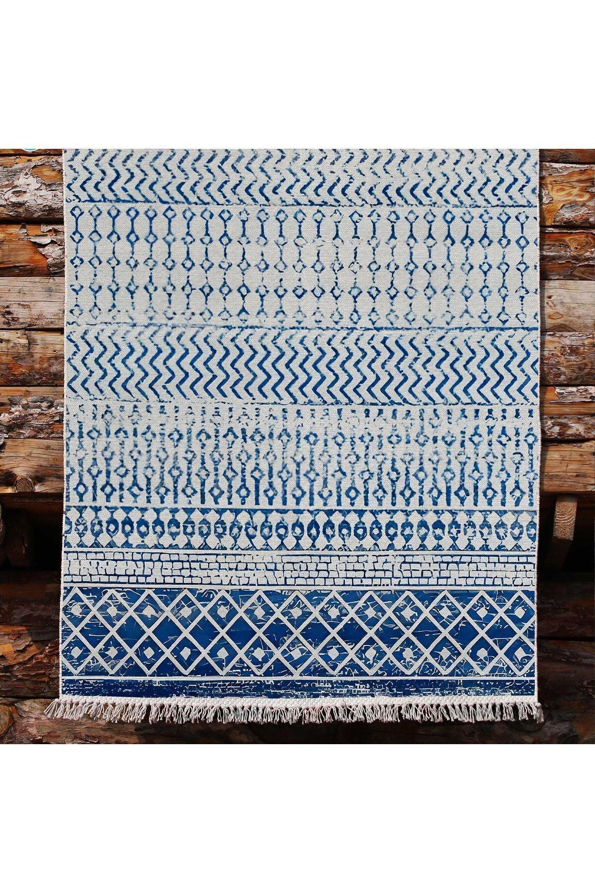 Cotton Kilim 13 Mavi Zeminli Çizgili Desenli Dekoratif Yıkanabilen Dokuma Taban Kilim - HALI VAGONU