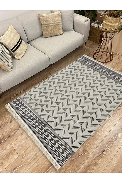Cotton Kilim 14 Gri Zeminli Çizgili Desenli Dekoratif Yıkanabilen Dokuma Taban Kilim - HALI VAGONU