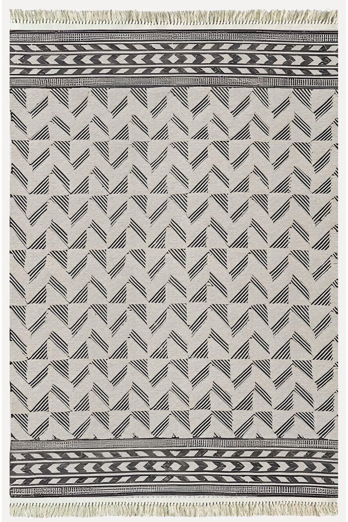 Cotton Kilim 14 Gri Zeminli Çizgili Desenli Dekoratif Yıkanabilen Dokuma Taban Kilim - HALI VAGONU
