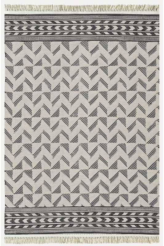 Cotton Kilim 14 Gri Zeminli Çizgili Desenli Dekoratif Yıkanabilen Dokuma Taban Kilim - HALI VAGONU