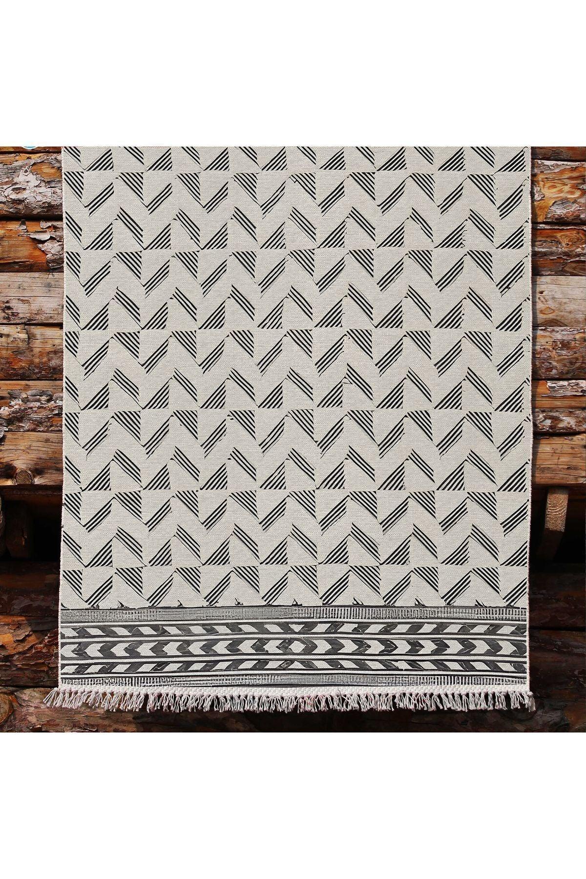 Cotton Kilim 14 Gri Zeminli Çizgili Desenli Dekoratif Yıkanabilen Dokuma Taban Kilim - HALI VAGONU