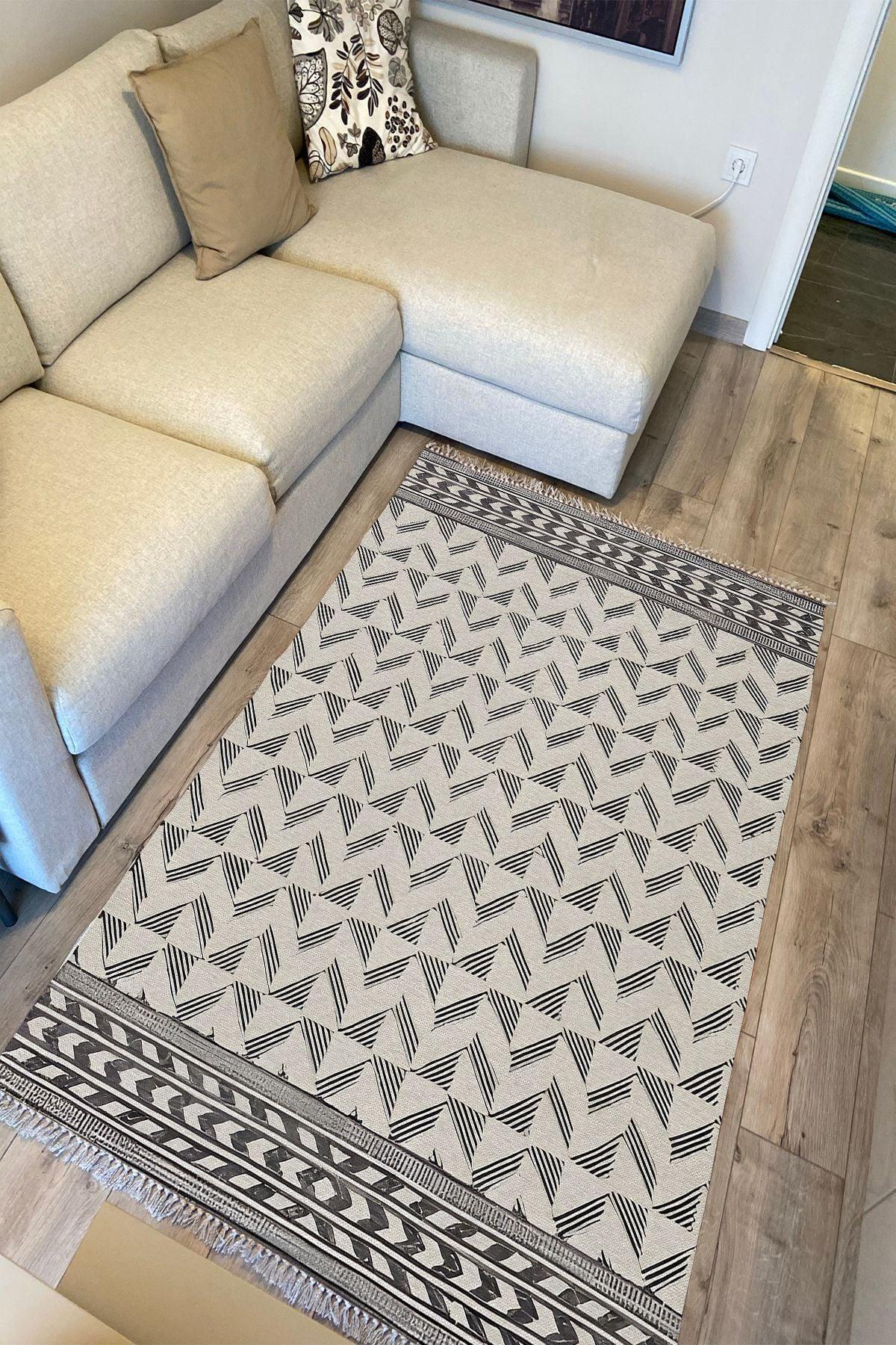 Cotton Kilim 14 Gri Zeminli Çizgili Desenli Dekoratif Yıkanabilen Dokuma Taban Kilim - HALI VAGONU