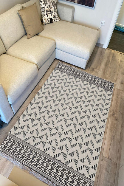 Cotton Kilim 14 Gri Zeminli Çizgili Desenli Dekoratif Yıkanabilen Dokuma Taban Kilim - HALI VAGONU
