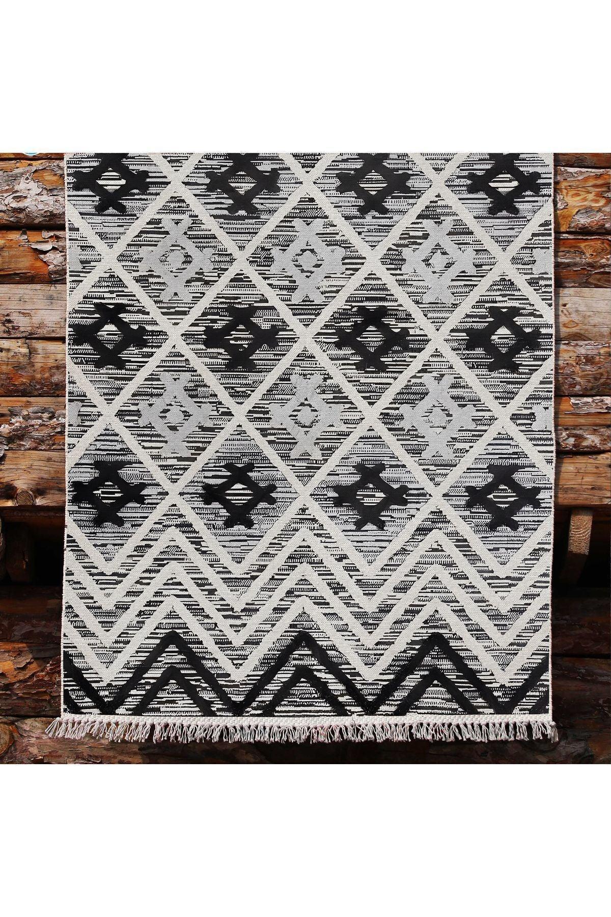 Cotton Kilim 15 Gri Zeminli Çizgili Desenli Dekoratif Yıkanabilen Dokuma Taban Kilim - HALI VAGONU