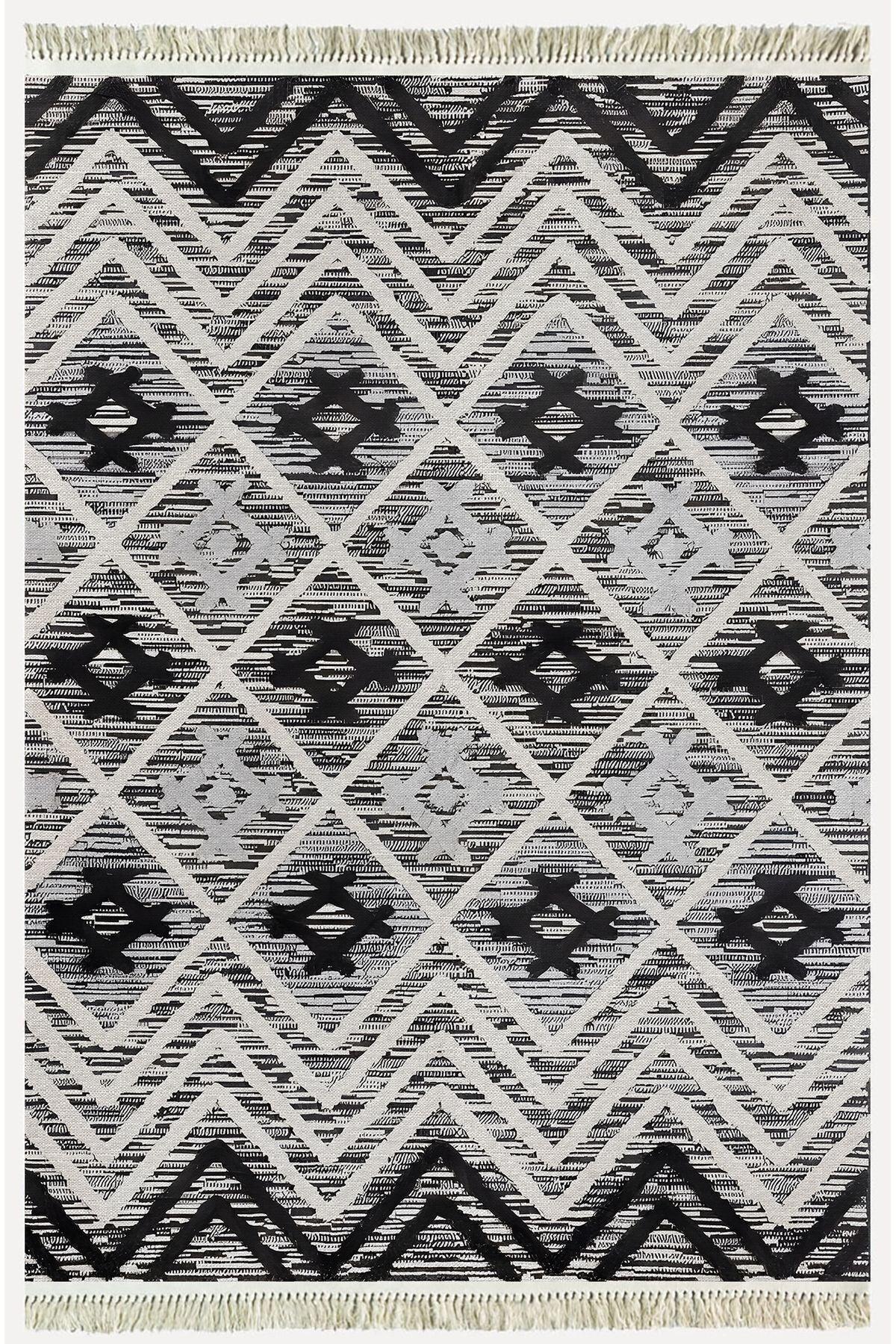 Cotton Kilim 15 Gri Zeminli Çizgili Desenli Dekoratif Yıkanabilen Dokuma Taban Kilim - HALI VAGONU