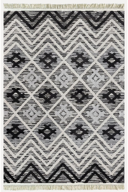 Cotton Kilim 15 Gri Zeminli Çizgili Desenli Dekoratif Yıkanabilen Dokuma Taban Kilim - HALI VAGONU