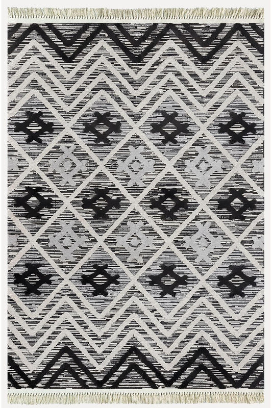 Cotton Kilim 15 Gri Zeminli Çizgili Desenli Dekoratif Yıkanabilen Dokuma Taban Kilim - HALI VAGONU