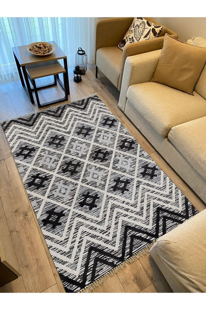 Cotton Kilim 15 Gri Zeminli Çizgili Desenli Dekoratif Yıkanabilen Dokuma Taban Kilim - HALI VAGONU