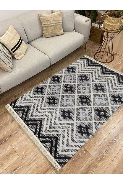 Cotton Kilim 15 Gri Zeminli Çizgili Desenli Dekoratif Yıkanabilen Dokuma Taban Kilim - HALI VAGONU