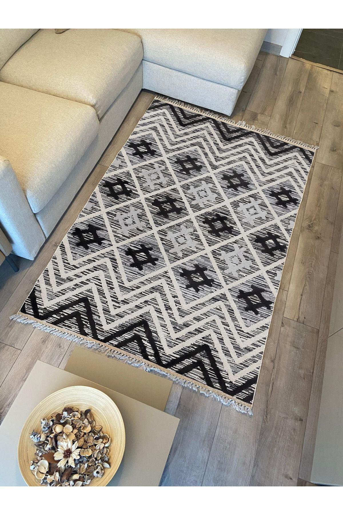 Cotton Kilim 15 Gri Zeminli Çizgili Desenli Dekoratif Yıkanabilen Dokuma Taban Kilim - HALI VAGONU