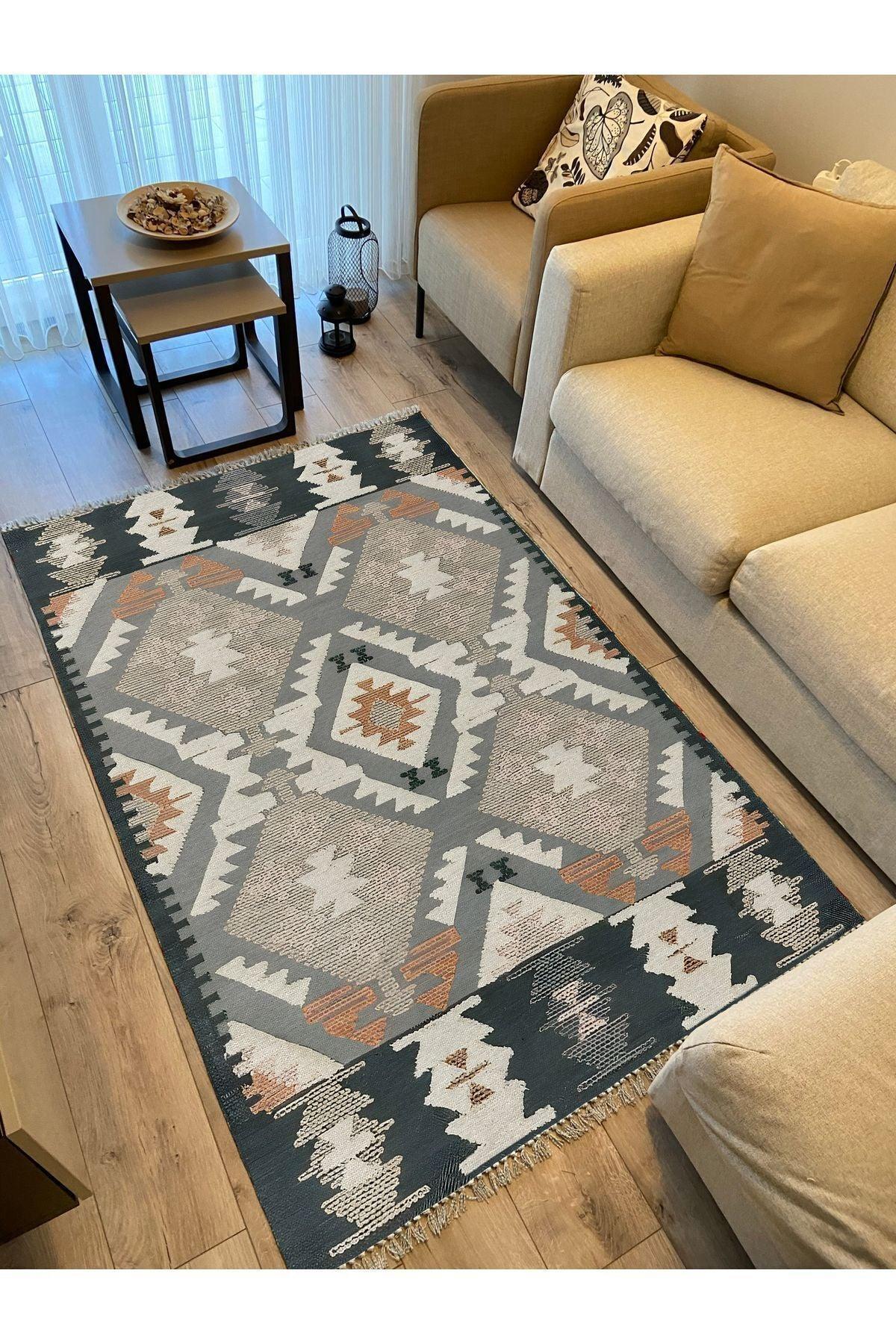 Cotton Kilim 16 Gri Zeminli Çizgili Desenli Dekoratif Yıkanabilen Dokuma Taban Kilim - HALI VAGONU