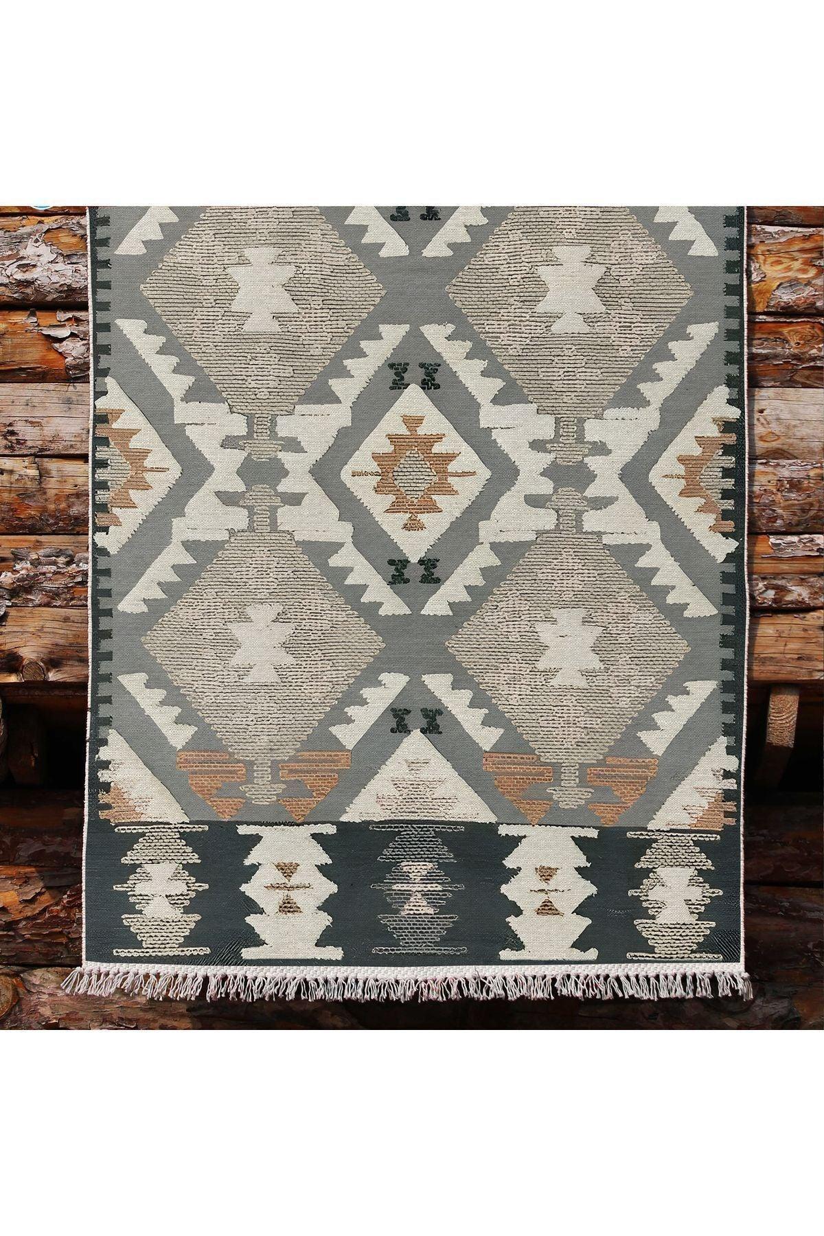 Cotton Kilim 16 Gri Zeminli Çizgili Desenli Dekoratif Yıkanabilen Dokuma Taban Kilim - HALI VAGONU