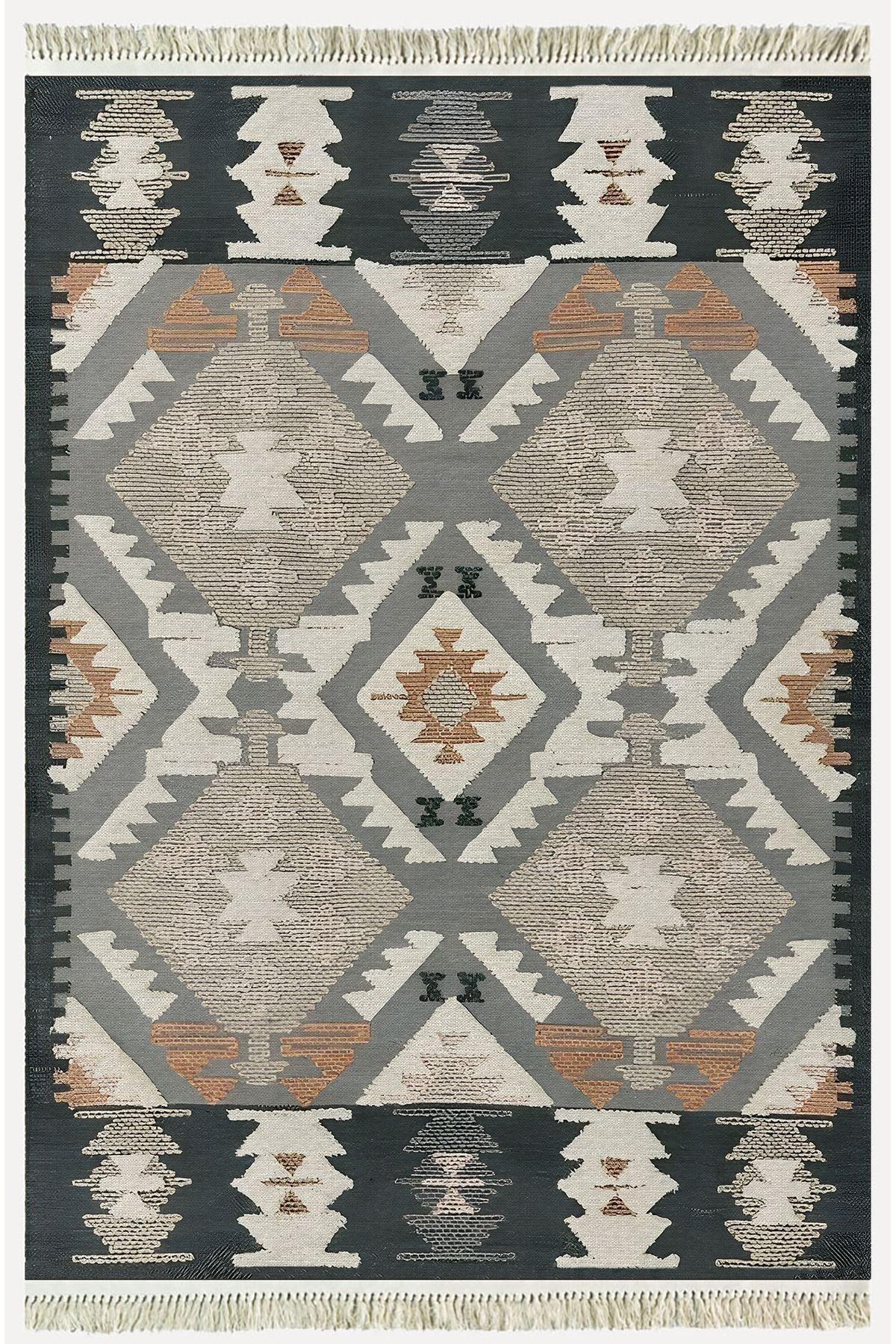 Cotton Kilim 16 Gri Zeminli Çizgili Desenli Dekoratif Yıkanabilen Dokuma Taban Kilim - HALI VAGONU