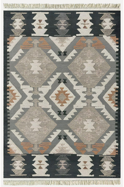 Cotton Kilim 16 Gri Zeminli Çizgili Desenli Dekoratif Yıkanabilen Dokuma Taban Kilim - HALI VAGONU