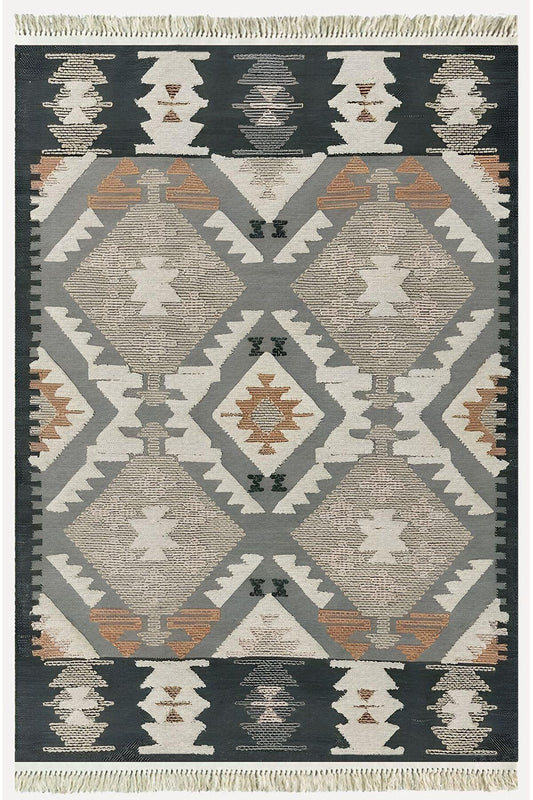 Cotton Kilim 16 Gri Zeminli Çizgili Desenli Dekoratif Yıkanabilen Dokuma Taban Kilim - HALI VAGONU