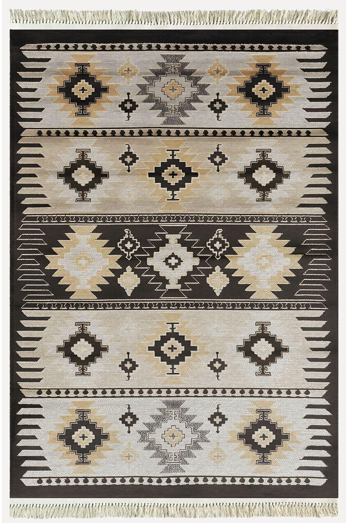 Cotton Kilim 17 Kahve Zeminli Çizgili Desenli Dekoratif Yıkanabilen Dokuma Taban Kilim - HALI VAGONU