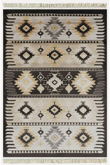 Cotton Kilim 17 Kahve Zeminli Çizgili Desenli Dekoratif Yıkanabilen Dokuma Taban Kilim - HALI VAGONU