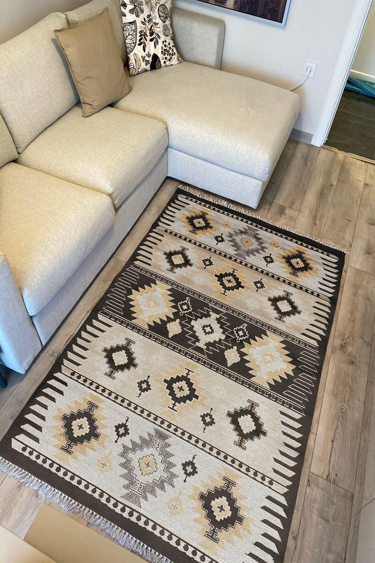 Cotton Kilim 17 Kahve Zeminli Çizgili Desenli Dekoratif Yıkanabilen Dokuma Taban Kilim - HALI VAGONU
