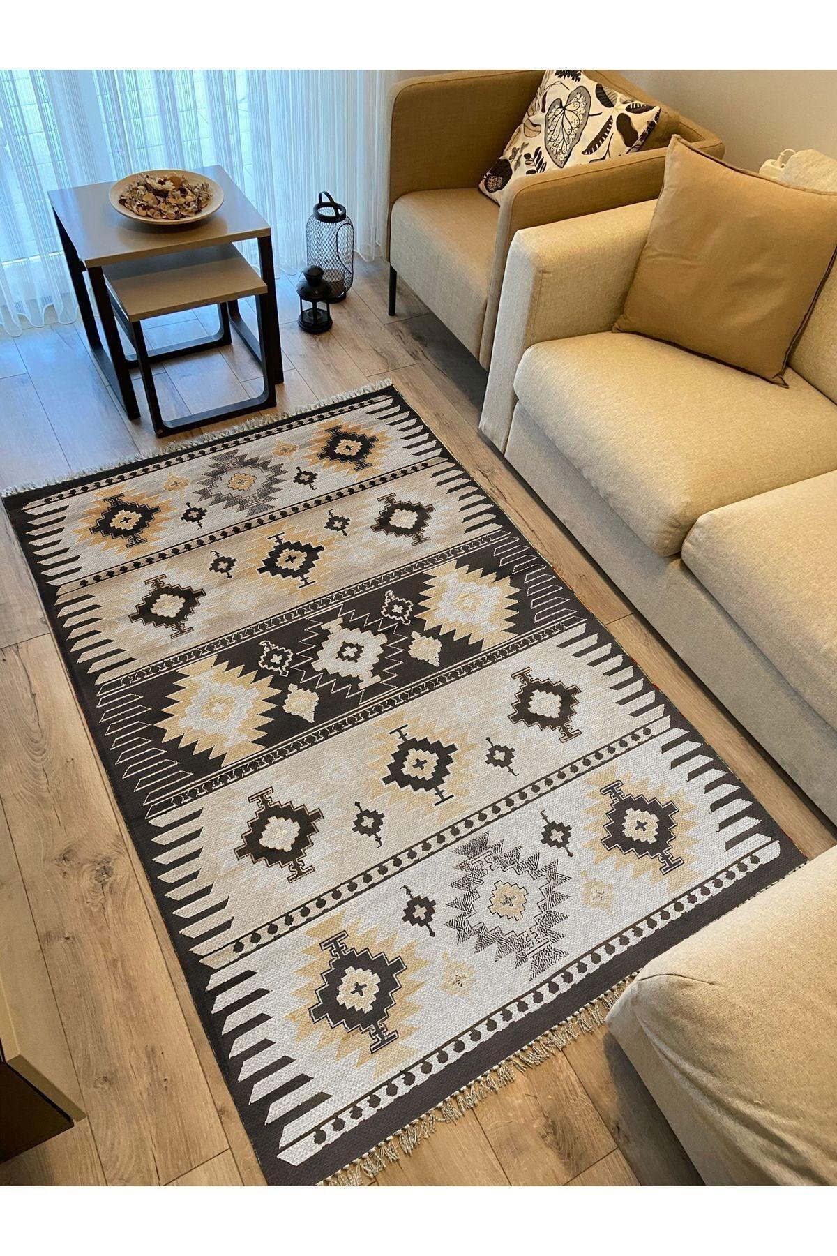 Cotton Kilim 17 Kahve Zeminli Çizgili Desenli Dekoratif Yıkanabilen Dokuma Taban Kilim - HALI VAGONU