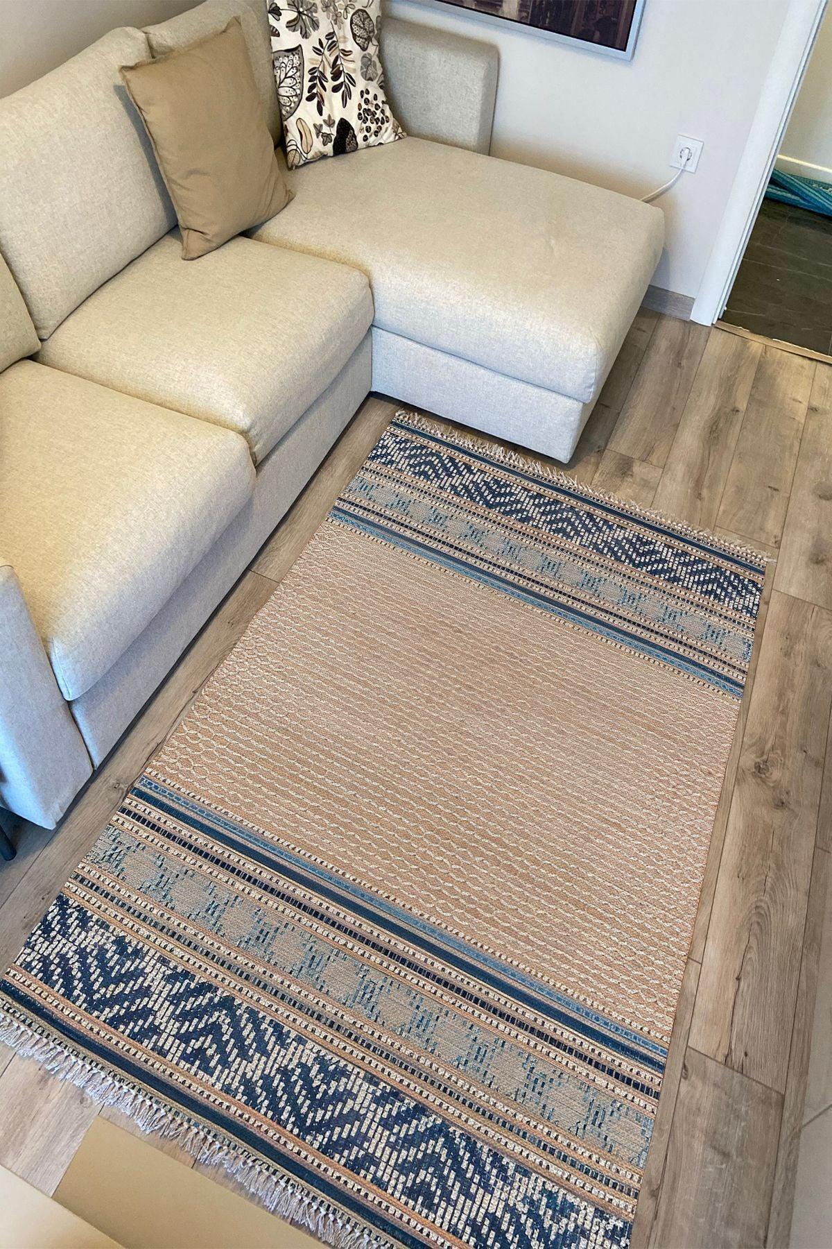Cotton Kilim 18 Kahve Zeminli Çizgili Desenli Dekoratif Yıkanabilen Dokuma Taban Kilim - HALI VAGONU