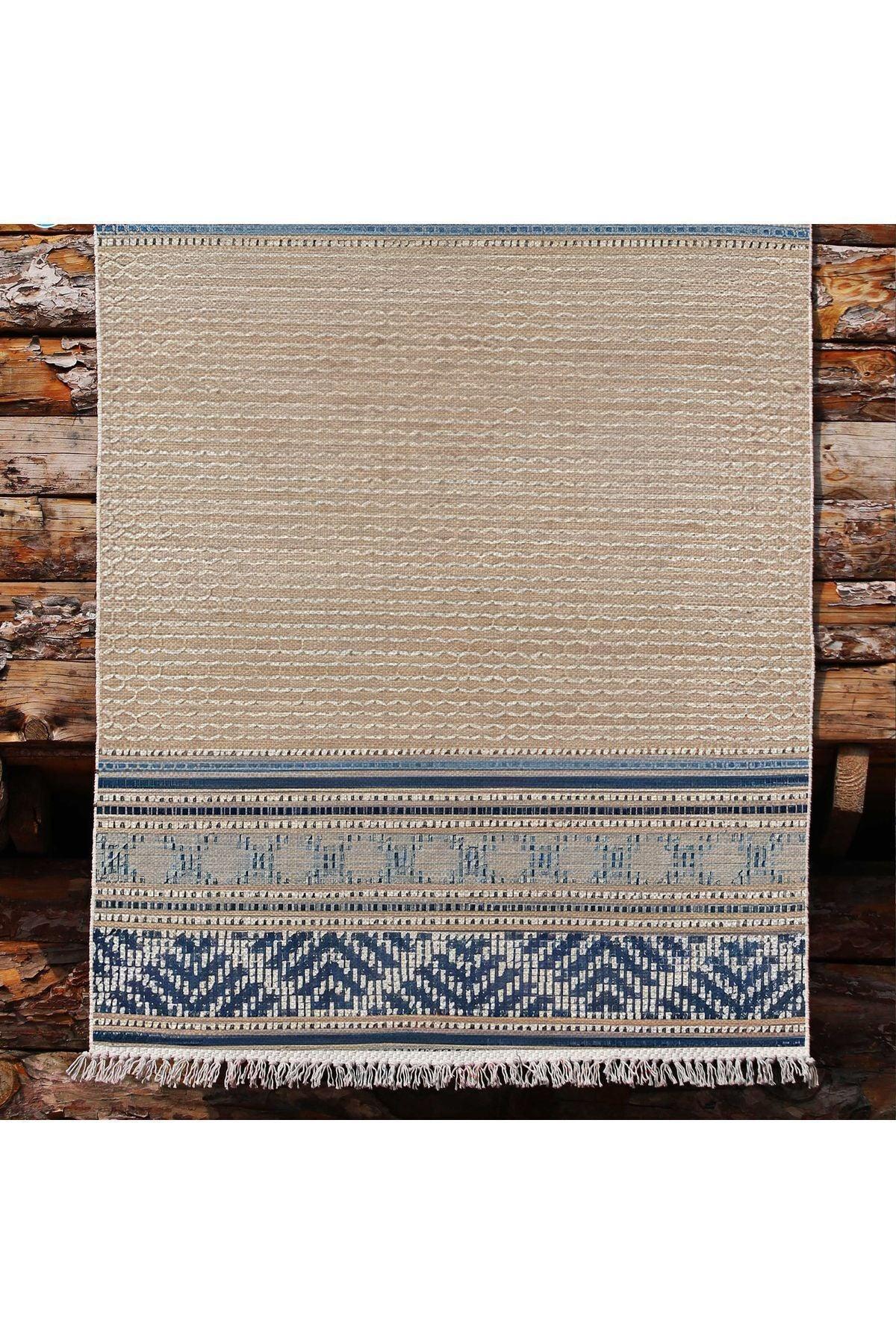 Cotton Kilim 18 Kahve Zeminli Çizgili Desenli Dekoratif Yıkanabilen Dokuma Taban Kilim - HALI VAGONU