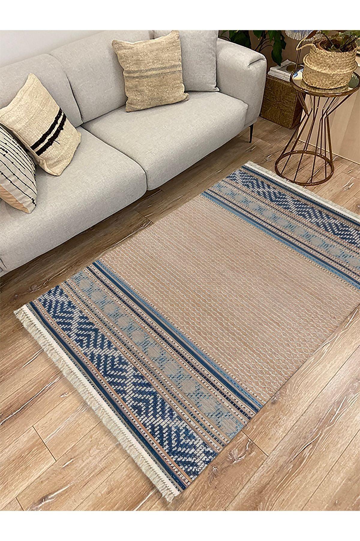 Cotton Kilim 18 Kahve Zeminli Çizgili Desenli Dekoratif Yıkanabilen Dokuma Taban Kilim - HALI VAGONU