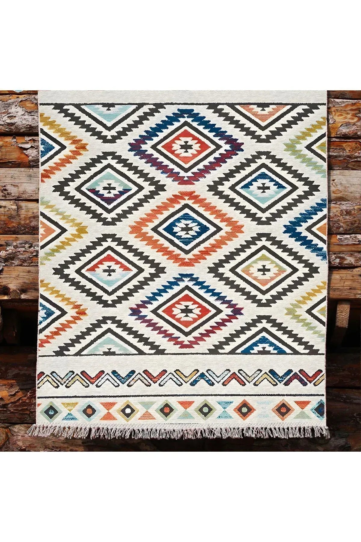 Cotton Kilim 19 Krem Zeminli Çizgili Desenli Dekoratif Yıkanabilen Dokuma Taban Kilim - HALI VAGONU