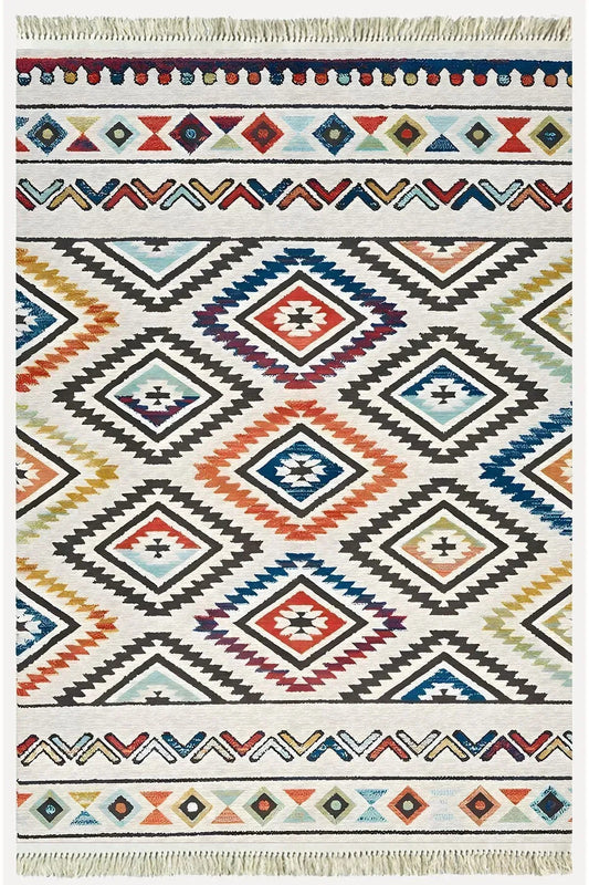 Cotton Kilim 19 Krem Zeminli Çizgili Desenli Dekoratif Yıkanabilen Dokuma Taban Kilim - HALI VAGONU