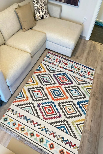Cotton Kilim 19 Krem Zeminli Çizgili Desenli Dekoratif Yıkanabilen Dokuma Taban Kilim - HALI VAGONU