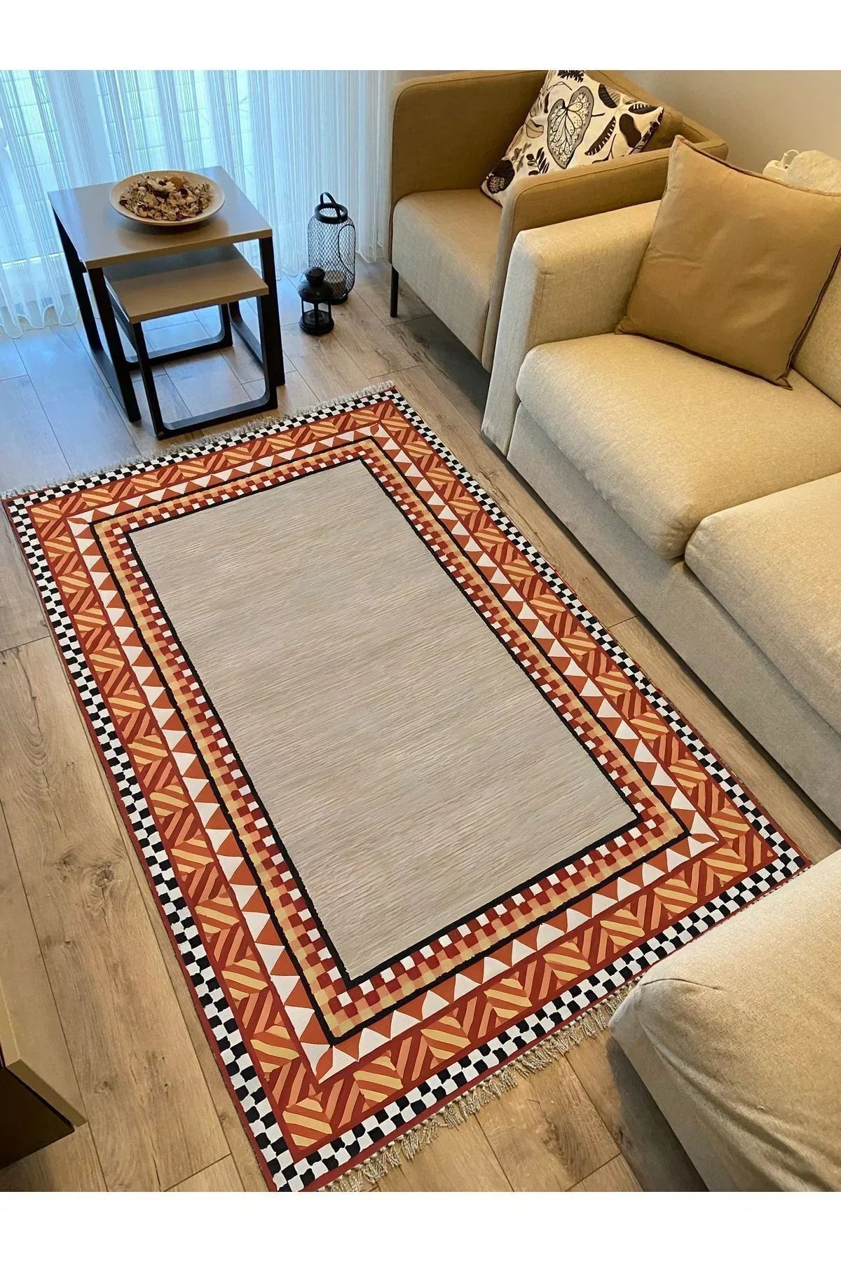 Cotton Kilim 20 Turuncu Zeminli Çizgili Desenli Dekoratif Yıkanabilen Dokuma Taban Kilim - HALI VAGONU