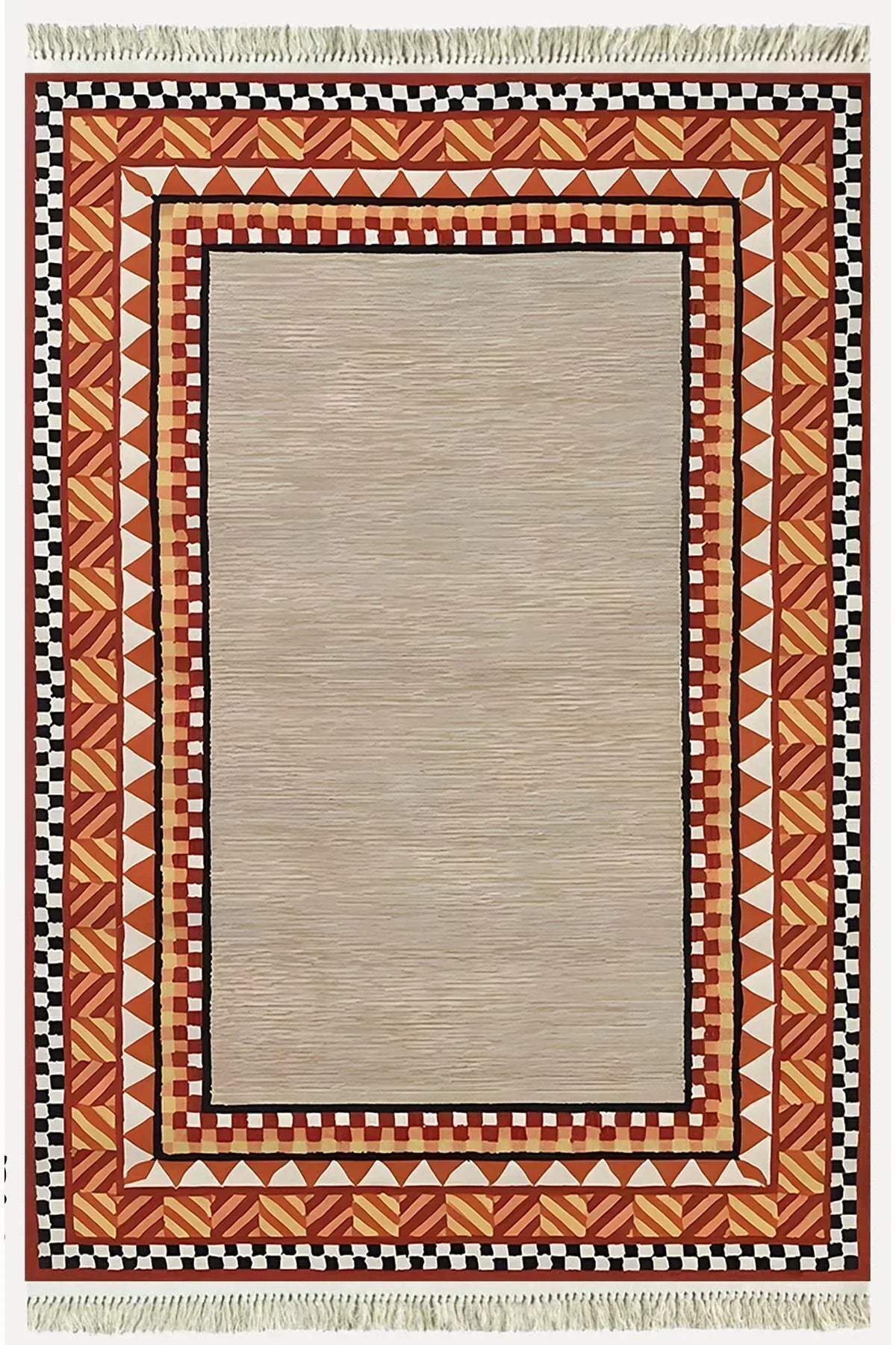 Cotton Kilim 20 Turuncu Zeminli Çizgili Desenli Dekoratif Yıkanabilen Dokuma Taban Kilim - HALI VAGONU