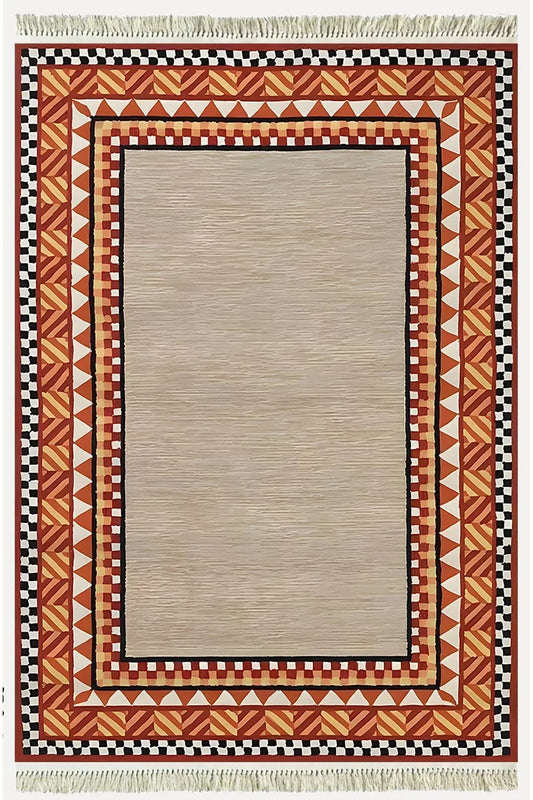 Cotton Kilim 20 Turuncu Zeminli Çizgili Desenli Dekoratif Yıkanabilen Dokuma Taban Kilim - HALI VAGONU