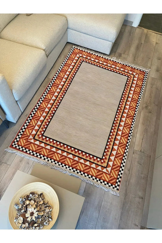 Cotton Kilim 20 Turuncu Zeminli Çizgili Desenli Dekoratif Yıkanabilen Dokuma Taban Kilim - HALI VAGONU