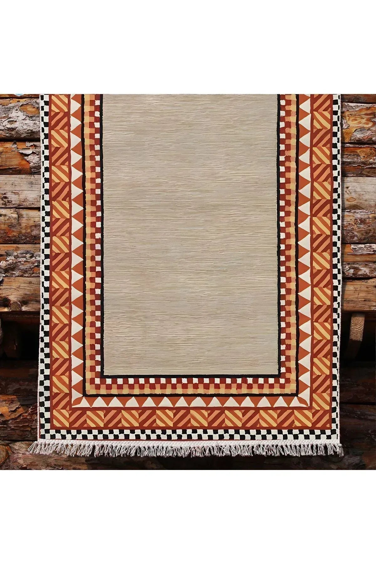 Cotton Kilim 20 Turuncu Zeminli Çizgili Desenli Dekoratif Yıkanabilen Dokuma Taban Kilim - HALI VAGONU