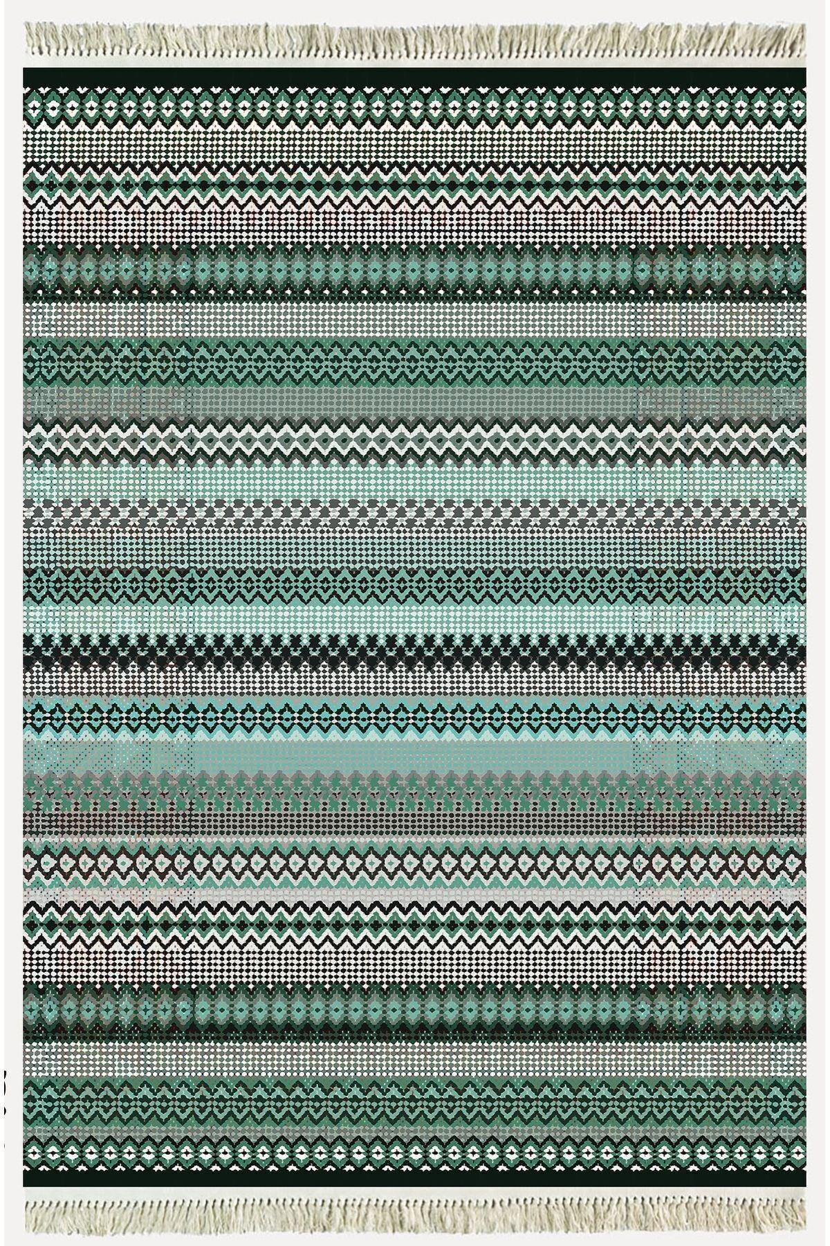 Cotton Kilim 21 Yeşil Zeminli Çizgili Desenli Dekoratif Yıkanabilen Dokuma Taban Kilim - HALI VAGONU