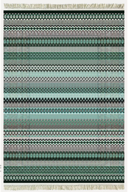 Cotton Kilim 21 Yeşil Zeminli Çizgili Desenli Dekoratif Yıkanabilen Dokuma Taban Kilim - HALI VAGONU